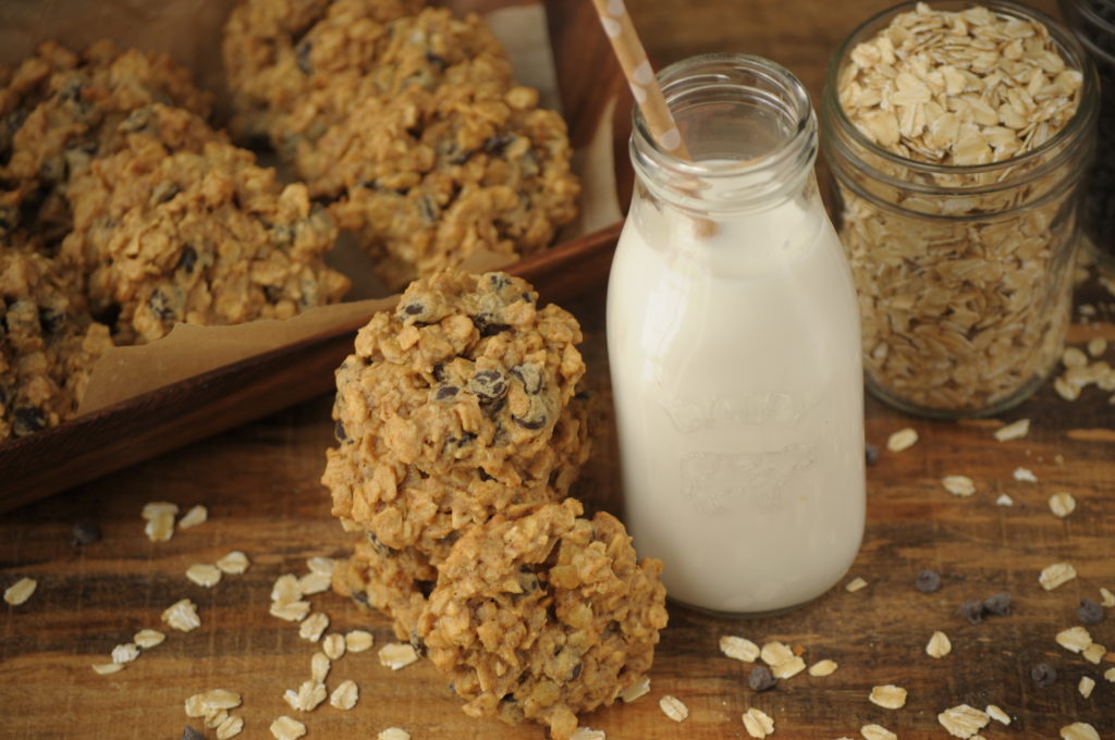 Flour-less Oatmeal Chocolate Chip Cookies. Cookies served with dairy free milk.
