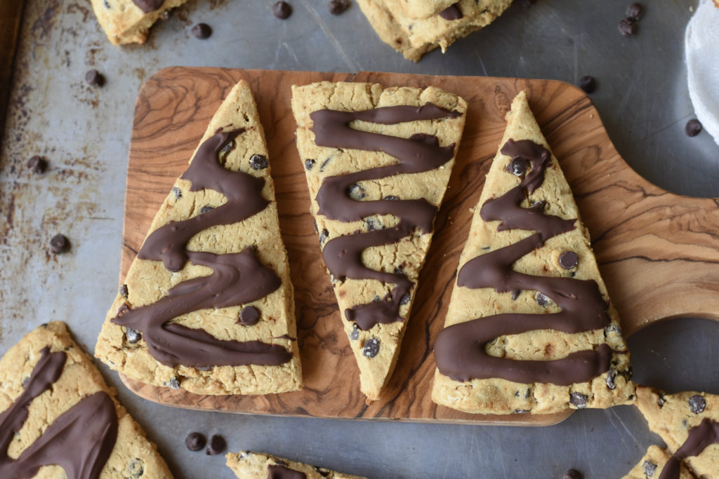 Grain Free Chocolate Chip Scones on a cutting board.