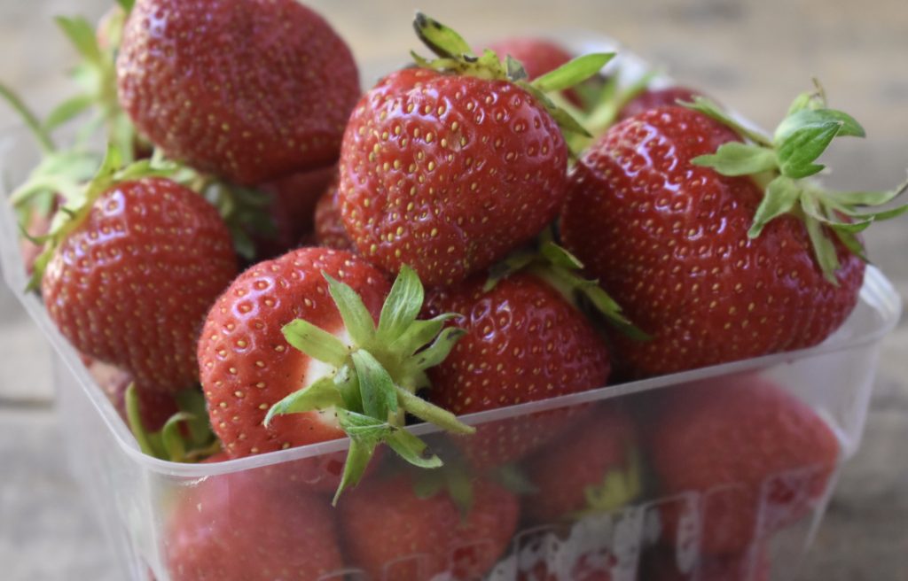 Grain Free Strawberry Rhubarb Crisp.  A quart of fresh strawberries.