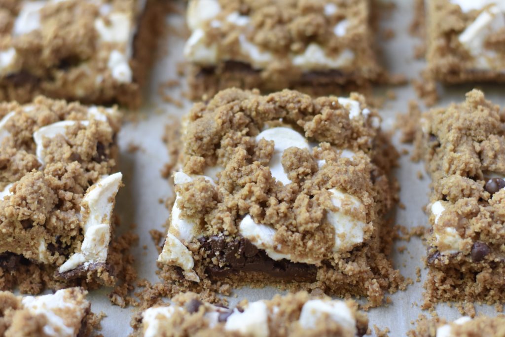 Gluten free s'more bars.  A tray full of cut gluten free s'more bars.