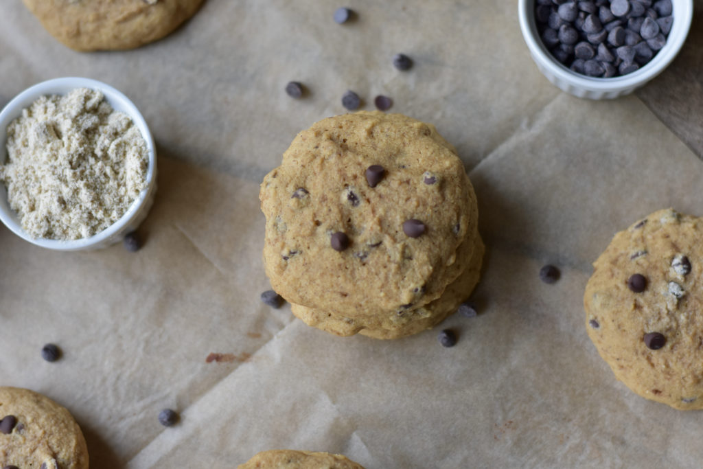 A stack of grain free soft chocolate chip cookies.