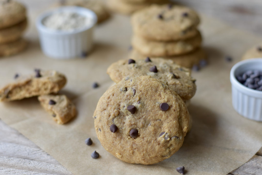 Grain Free Soft Chocolate Chip Cookies on parchment paper.