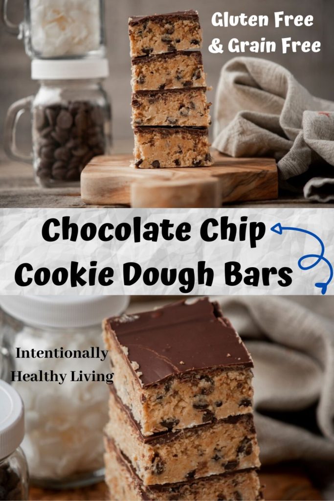 Chocolate Chip Cookie Dough Bars Grain Free. #grainfreedesserts #glutenfree #grainfree #healthydesserts #nobakedesserts #cleaneating