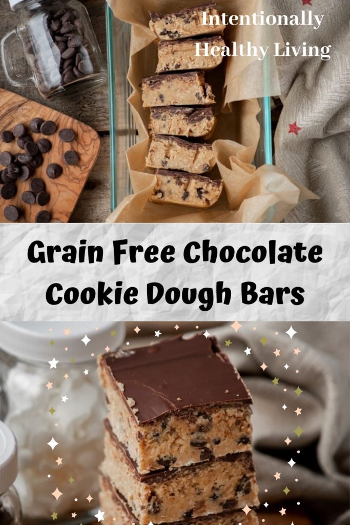 Chocolate Chip Cookie Dough Bars Grain Free.  #cleaneating #chocolatechipcookies #grainfreedesserts #glutenfree #nobakecookiebars