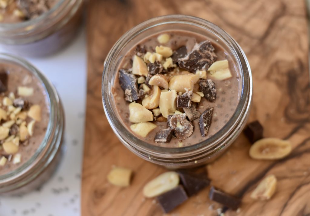 Chocolate Chia Protein Pudding with peanut butter.