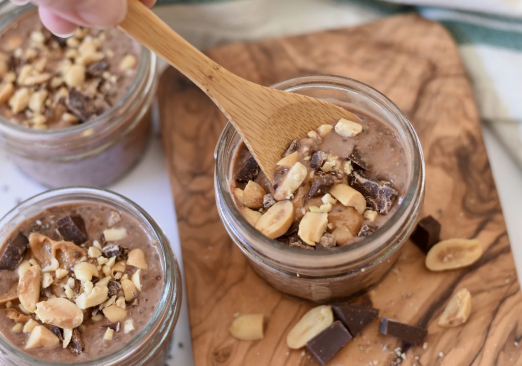 Chocolate Chia Protein Pudding with peanut butter added.