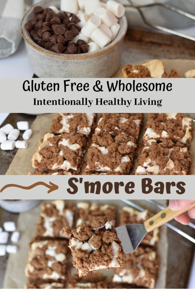 Gluten Free S'more Bars. #glutenfreedesserts #smores #campfire #camping #glutenfree #wholesomedesserts #marshmallows #chocolate