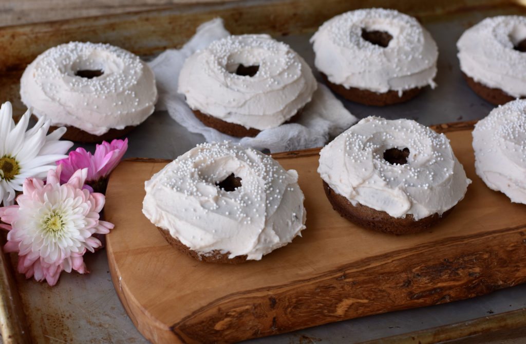 Grain Free Brownie Doughnuts Everyone Will Love on a wooden board.