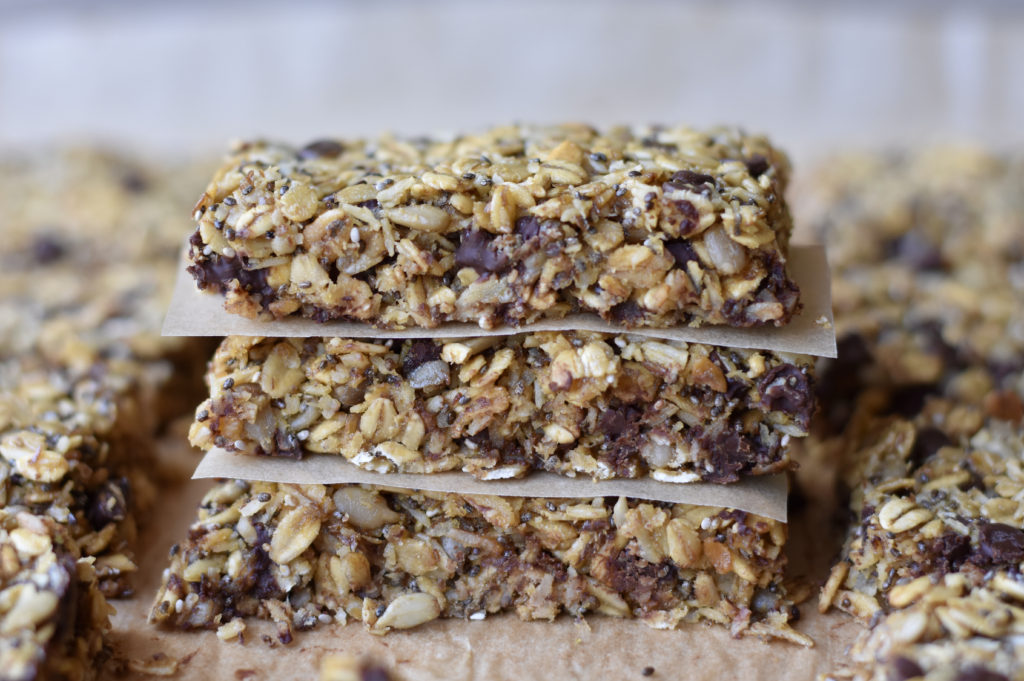 Oatmeal Chocolate Chip Bars stacked.