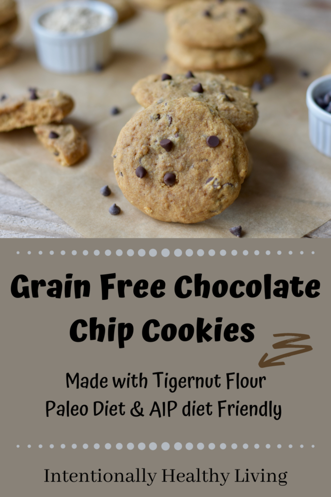 Grain Free Soft Chocolate Chip Cookies #grainfreecookies #glutenfree #paleo #keto #AIP #tigernutflour #notreenuts #nonuts 