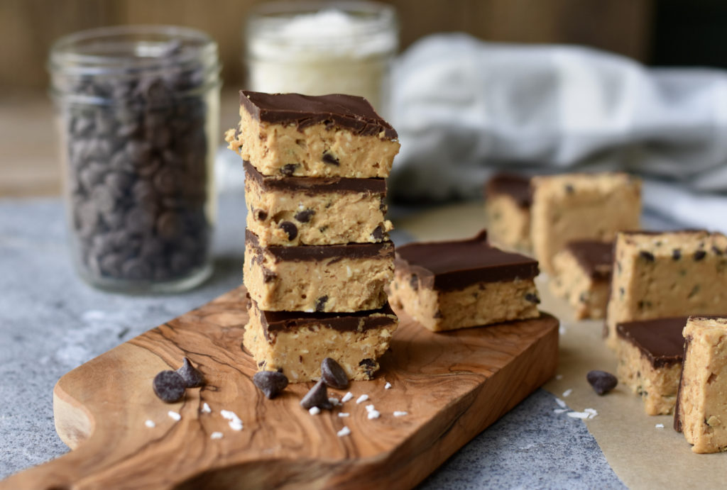 A stack of chocolate chip cookie dough bars.