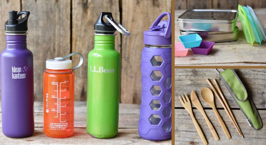 Eco-friendly reusable water bottles, bamboo utensils and stainless lunch containers are all ways to a more sustainable home.