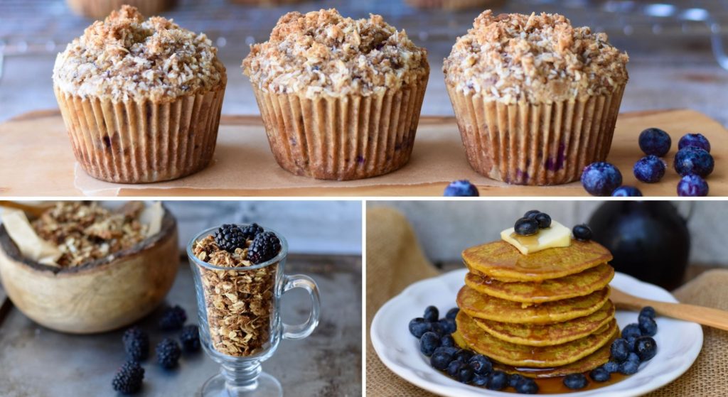 Quick Healthy Breakfast Recipes with blueberry muffins, gluten free pancakes, and granola.