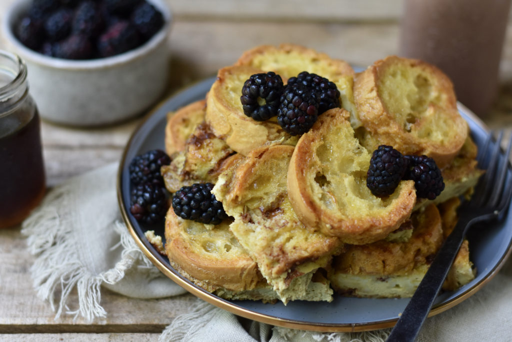 Cinnamon Baked French Toast - grain Free on a plate with a fork.