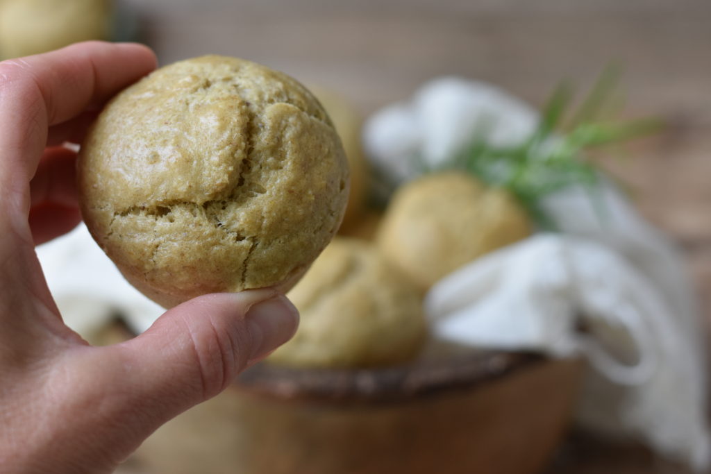 An up close picture of a roll from how to make grain free dinner rolls.