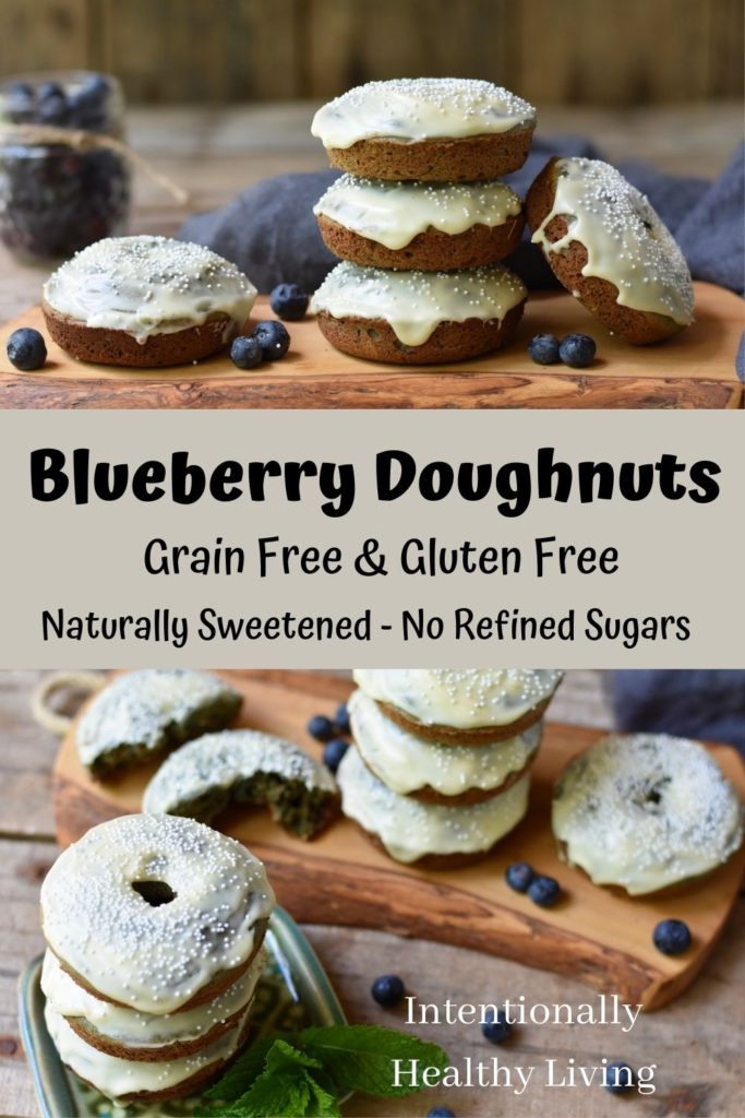 Grain Free Blueberry Doughnuts #grainfreeliving #glutenfree #glutenfreebreakfast #healthykids #keto #paleo #cleaneating #naturallysweet #bakeddoughnuts 