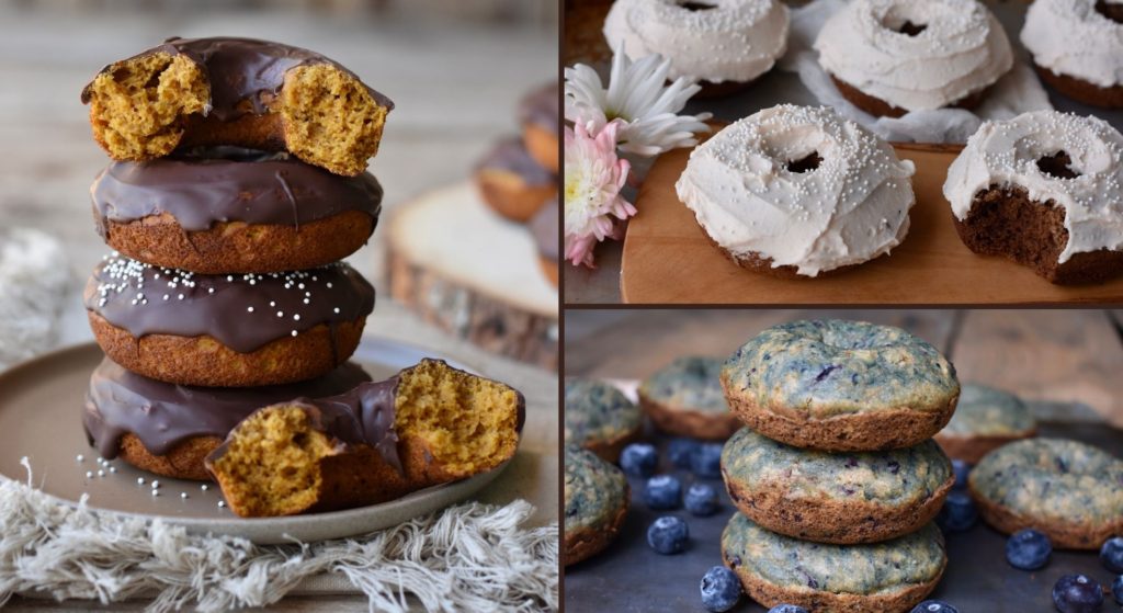 Grain free doughnut recipes with pumpkin doughnuts, cake doughnuts, and blueberry doughnuts.