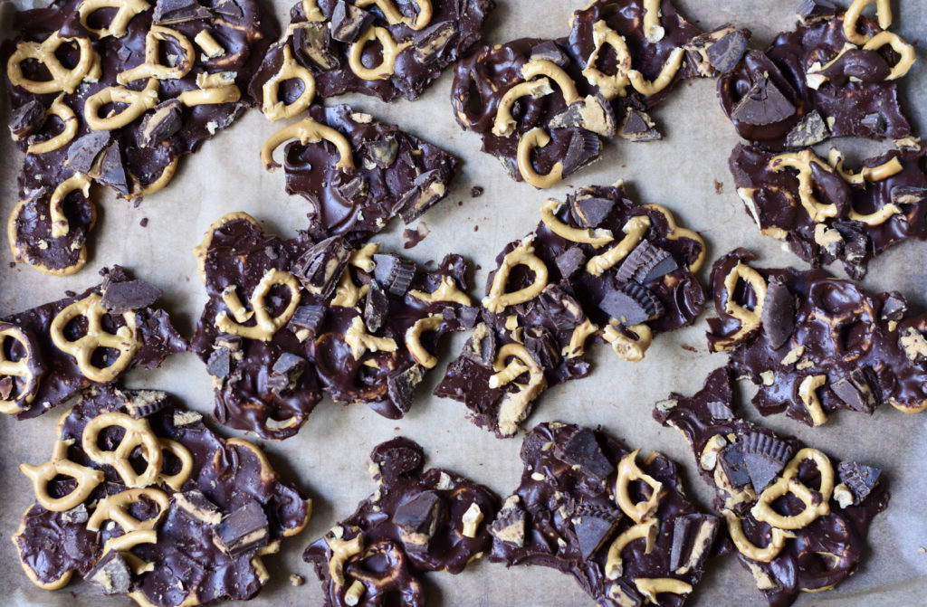 Peanut Butter Chocolate Pretzel Bark Grain free looking delicious on a cooking sheet.