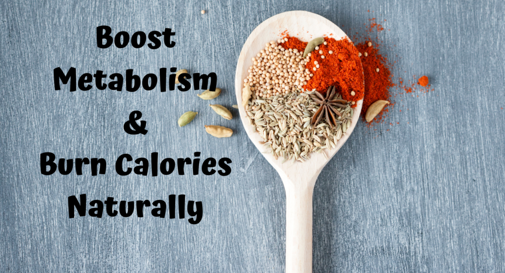  A large wooden spoon with quinoa, lavender and star anise on it with the words Boost Metabolism and Burn Calories Naturally.