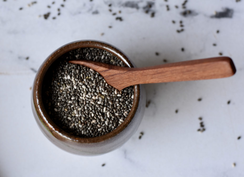 Black chia seeds used in chocolate chia protein pudding.