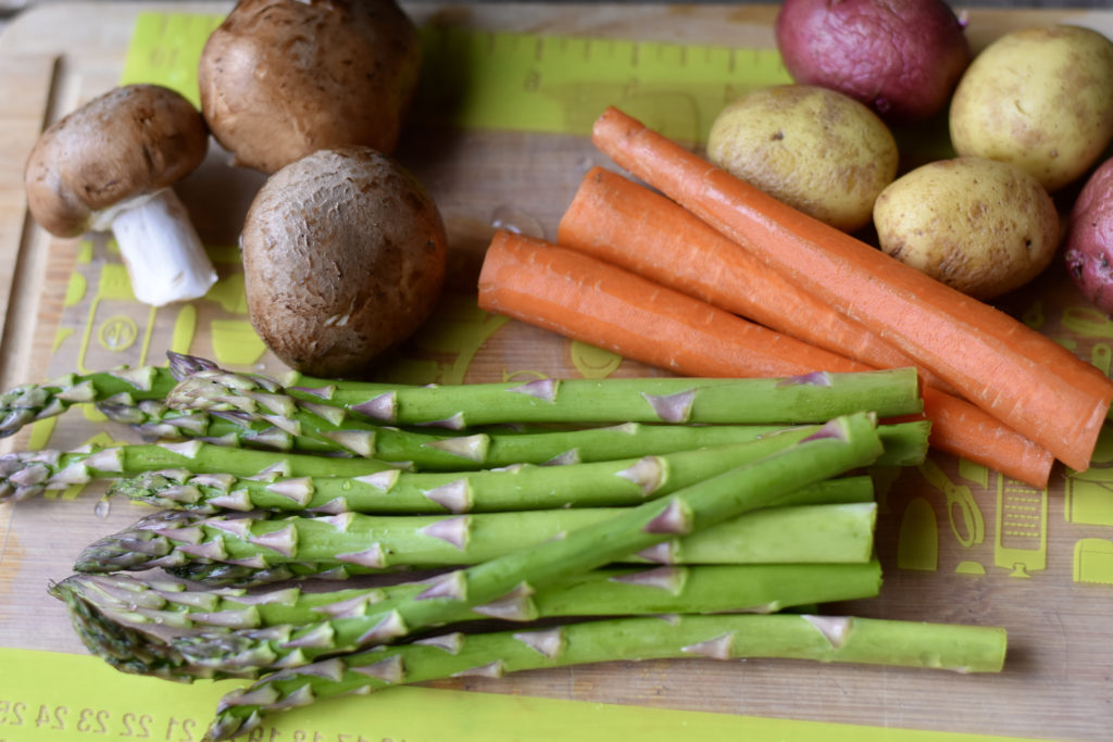 Eat the Rainbow in Vegetables with asparagus, carrots, white potatoes, purple potatoes and mushrooms.