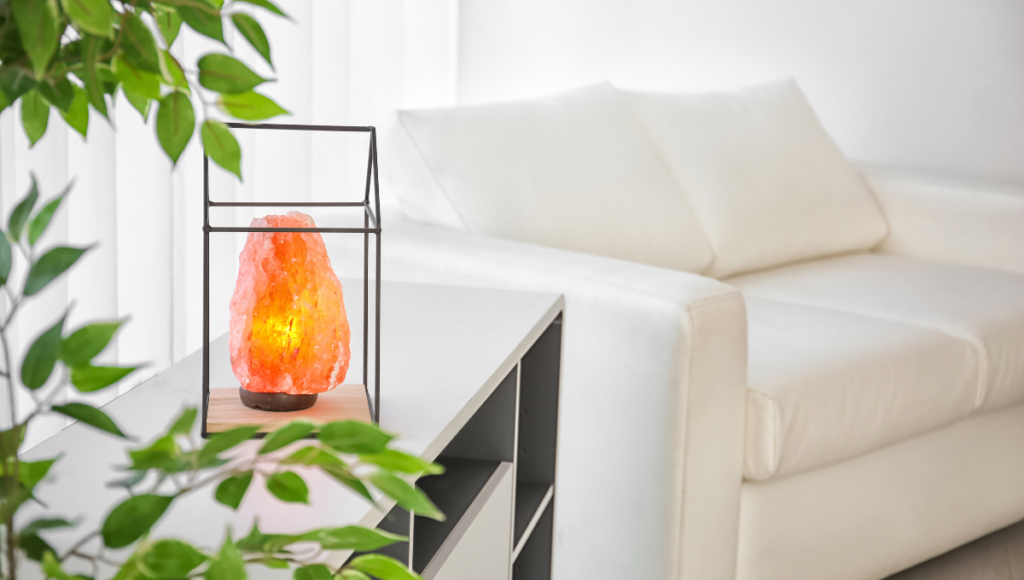 Quest for clean living with a salt lamp shown in a living room.