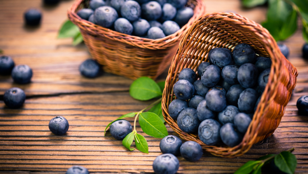 Improve your health with nutritious berries. Two small woven baskets with blueberries spilling out of them.
