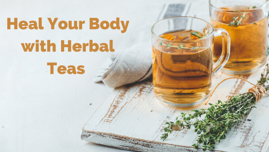 Ease your cold symptoms with herbal teas. Two mugs of golden tea with a bundle of thyme beside them.