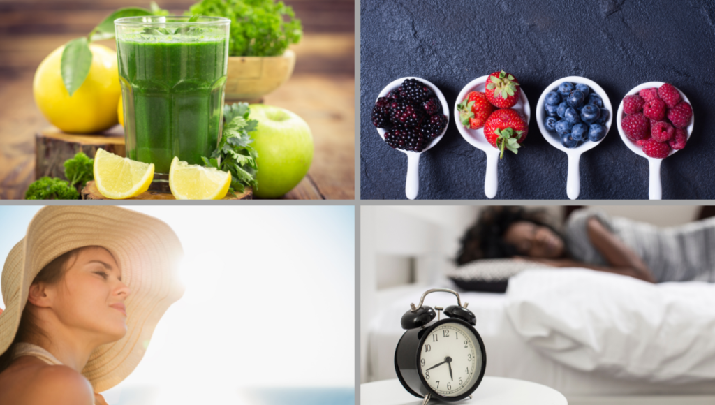3 Daily Habits that give you more energy with images of a green smoothie, berries, a lady in the sunshine and a lady sleeping.